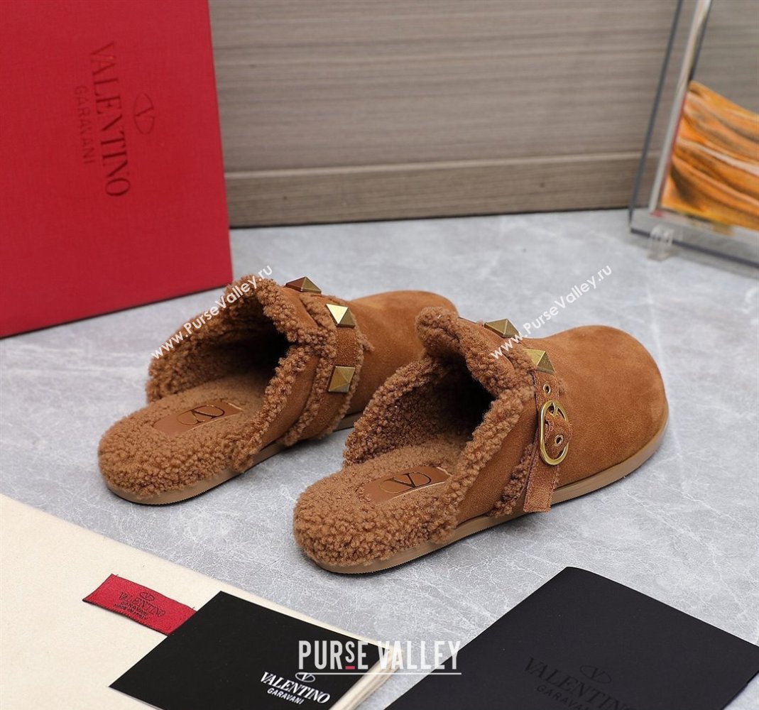 Valentino Shearling Roman Stud Sabots Slip On Mules Brown (hongyang-23101207)