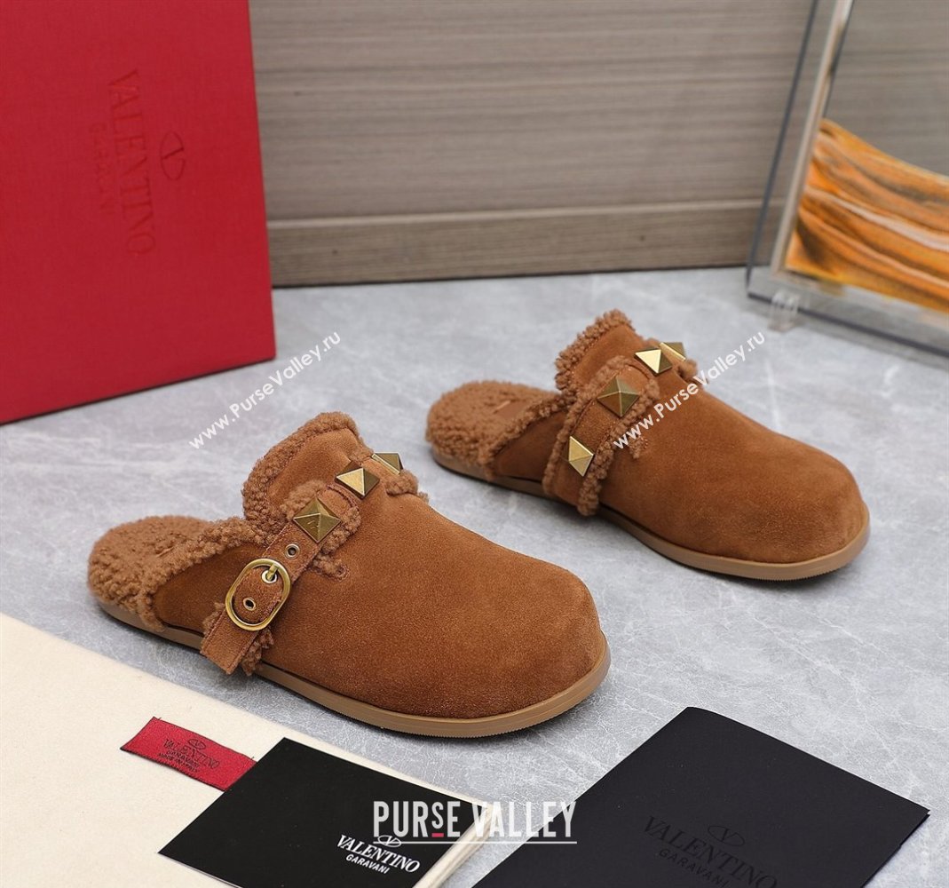 Valentino Shearling Roman Stud Sabots Slip On Mules Brown (hongyang-23101207)