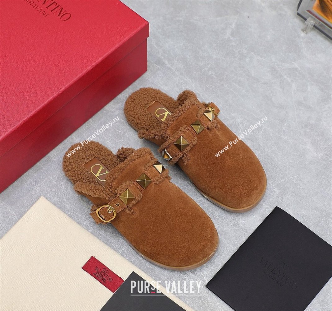 Valentino Shearling Roman Stud Sabots Slip On Mules Brown (hongyang-23101207)