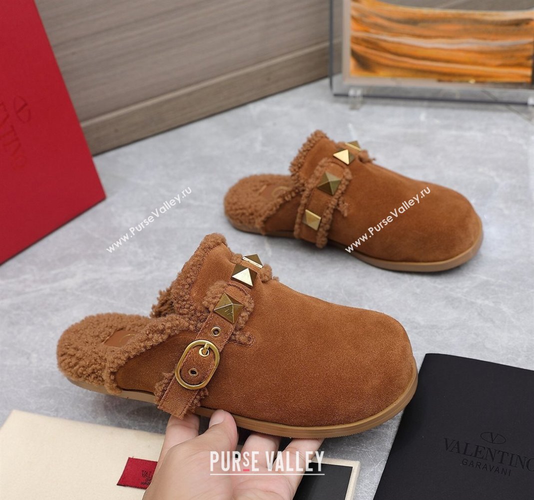 Valentino Shearling Roman Stud Sabots Slip On Mules Brown (hongyang-23101207)