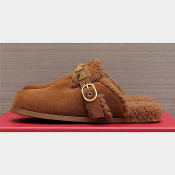 Valentino Shearling Roman Stud Sabots Slip On Mules Brown (hongyang-23101207)