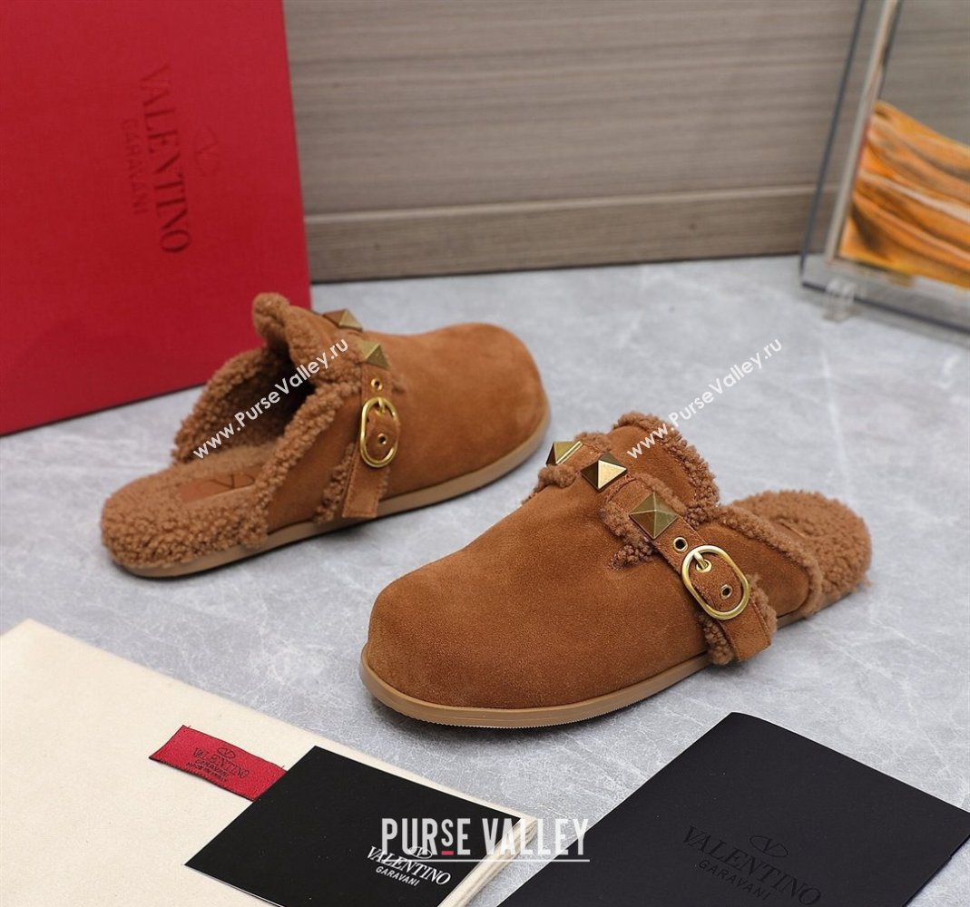 Valentino Shearling Roman Stud Sabots Slip On Mules Brown (hongyang-23101207)