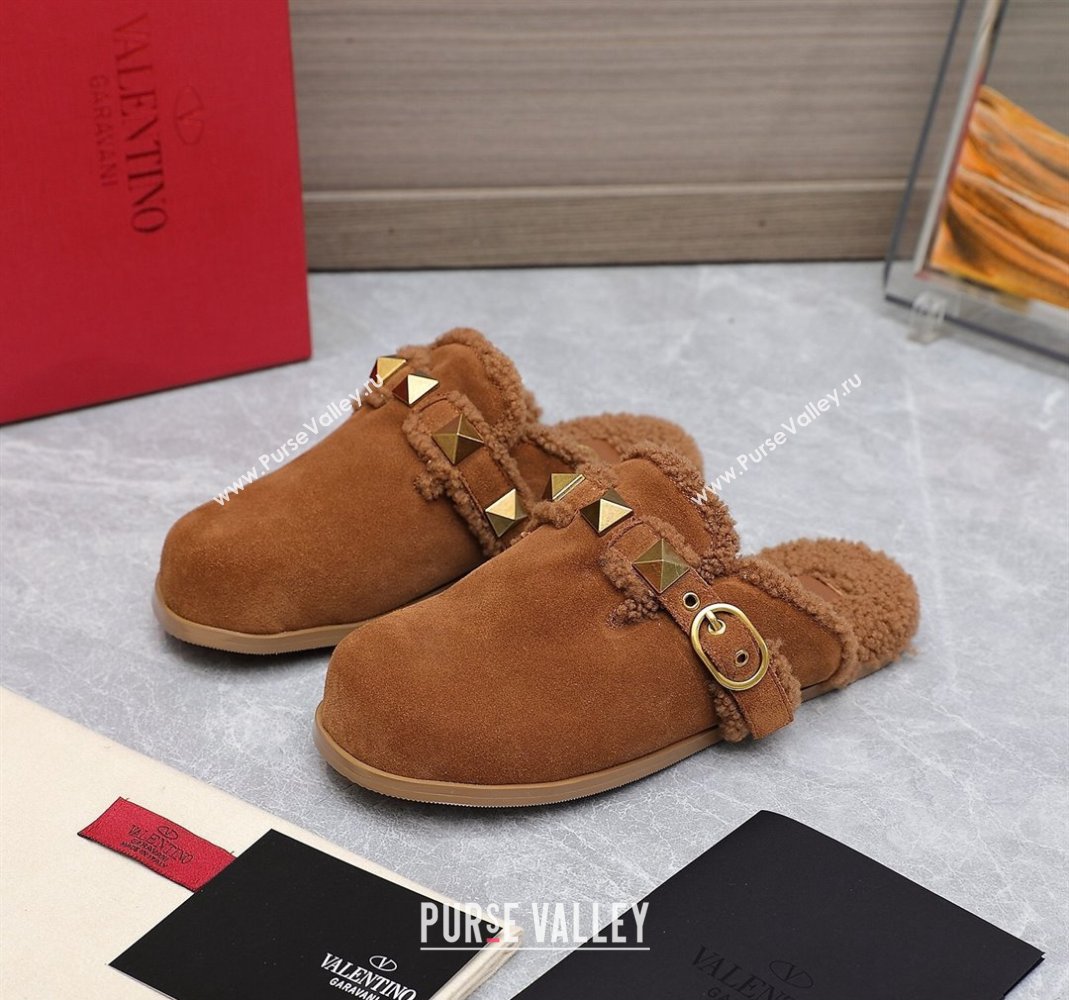 Valentino Shearling Roman Stud Sabots Slip On Mules Brown (hongyang-23101207)