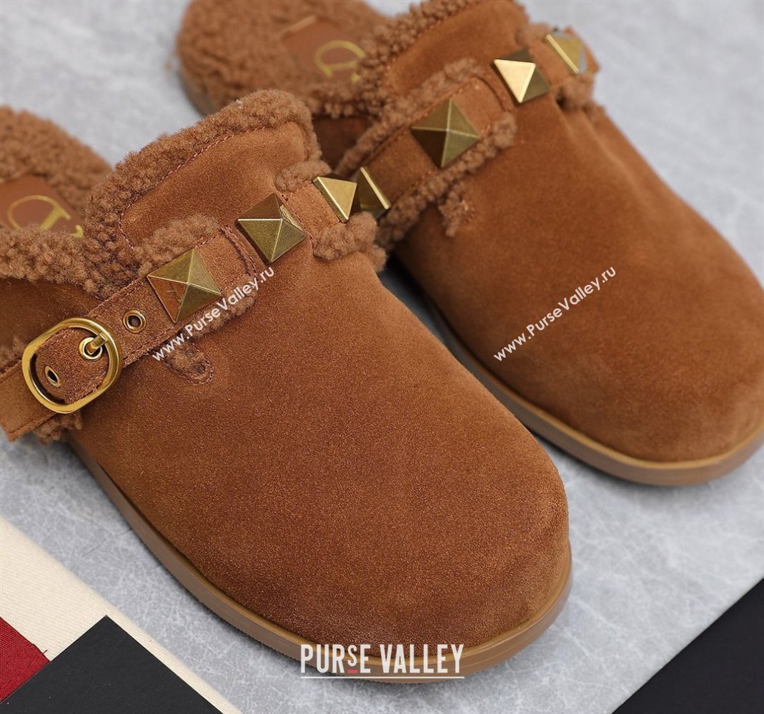 Valentino Shearling Roman Stud Sabots Slip On Mules Brown (hongyang-23101207)