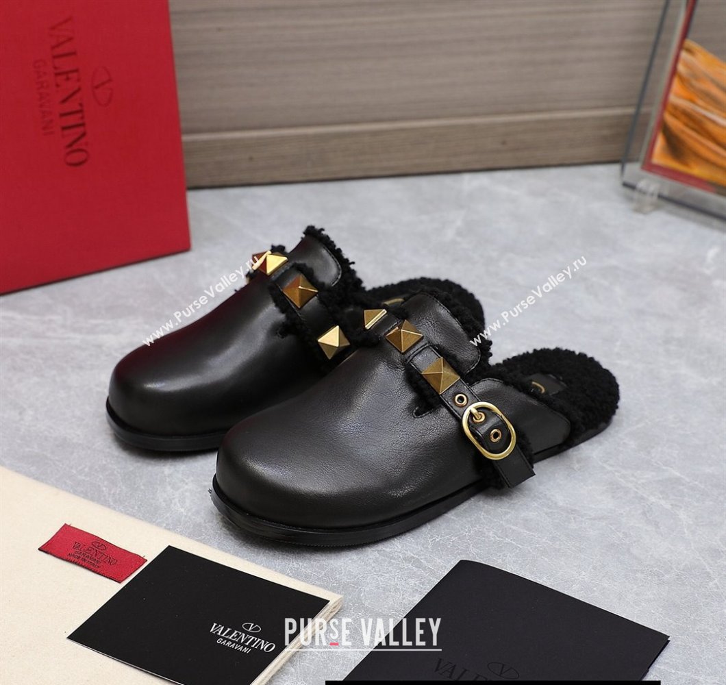 Valentino Shearling Roman Stud Sabots Slip On Mules Leather Black (hongyang-23101230)