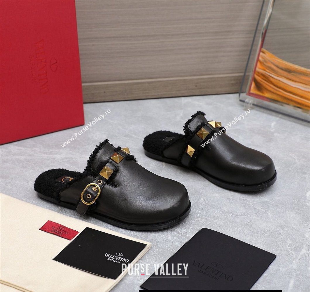Valentino Shearling Roman Stud Sabots Slip On Mules Leather Black (hongyang-23101230)
