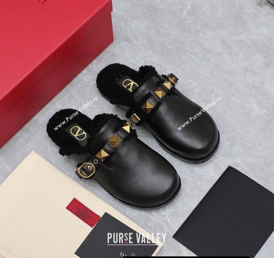 Valentino Shearling Roman Stud Sabots Slip On Mules Leather Black (hongyang-23101230)