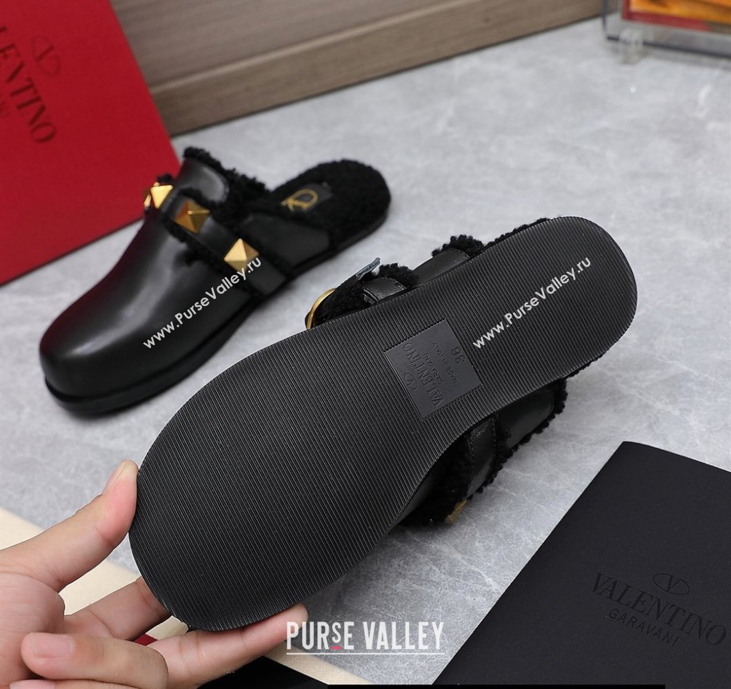 Valentino Shearling Roman Stud Sabots Slip On Mules Leather Black (hongyang-23101230)