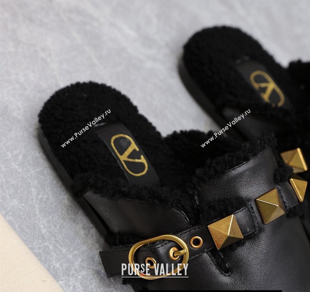 Valentino Shearling Roman Stud Sabots Slip On Mules Leather Black (hongyang-23101230)