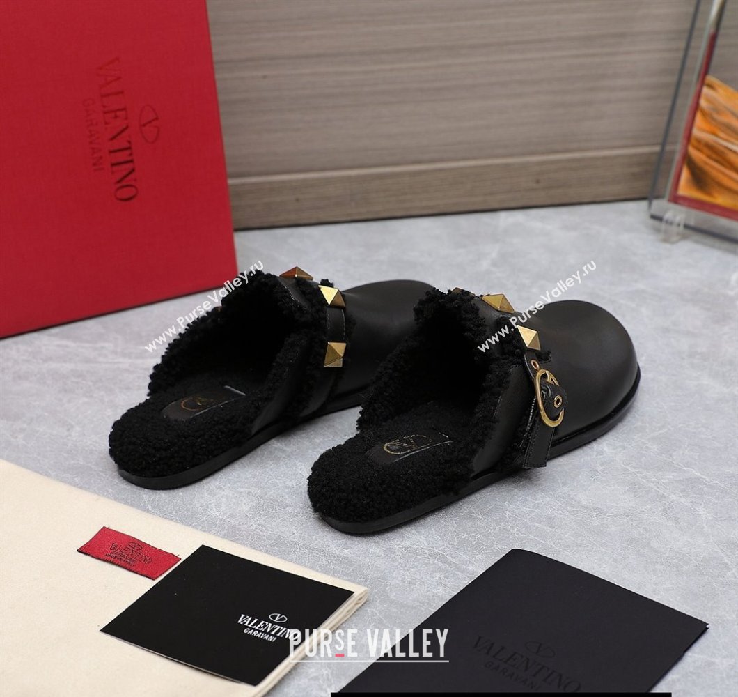 Valentino Shearling Roman Stud Sabots Slip On Mules Leather Black (hongyang-23101230)