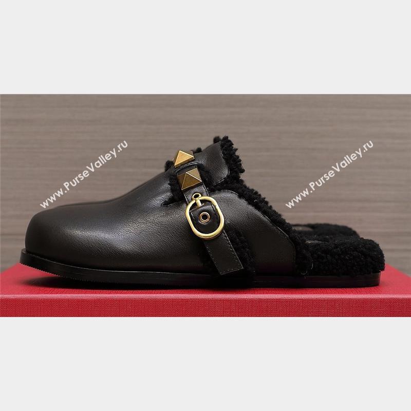 Valentino Shearling Roman Stud Sabots Slip On Mules Leather Black (hongyang-23101230)