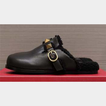 Valentino Shearling Roman Stud Sabots Slip On Mules Leather Black (hongyang-23101230)