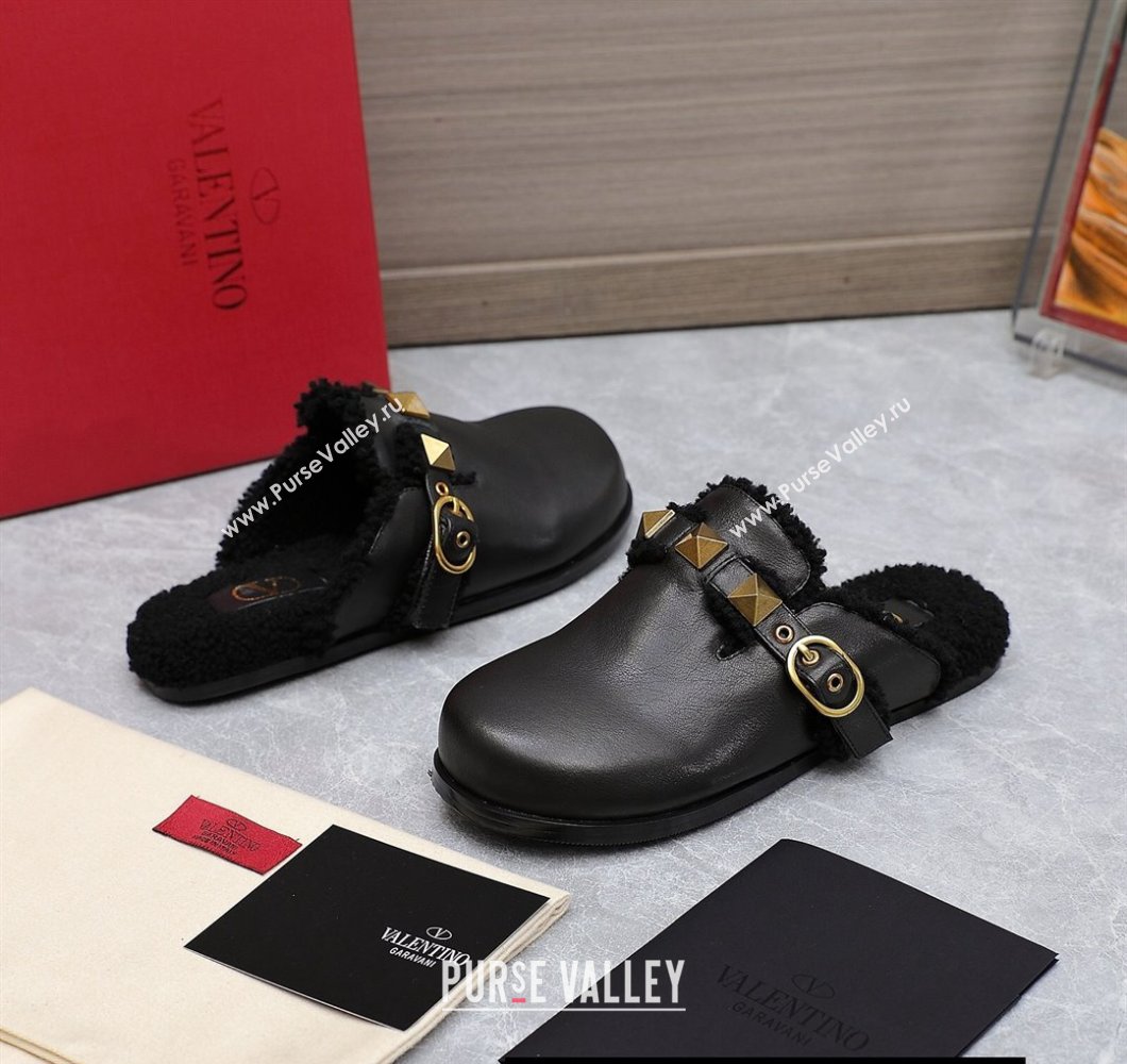 Valentino Shearling Roman Stud Sabots Slip On Mules Leather Black (hongyang-23101230)