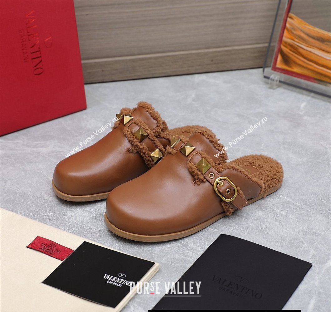 Valentino Shearling Roman Stud Sabots Slip On Mules Leather Brown (hongyang-23101211)