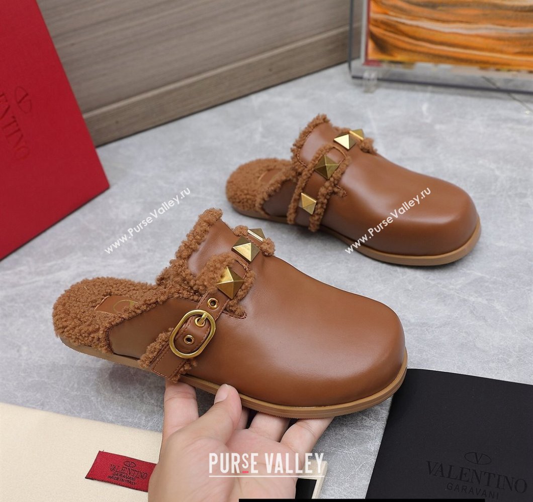 Valentino Shearling Roman Stud Sabots Slip On Mules Leather Brown (hongyang-23101211)