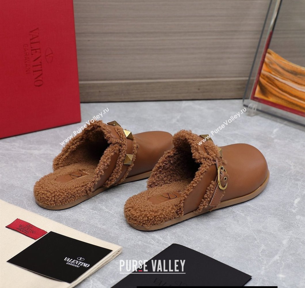 Valentino Shearling Roman Stud Sabots Slip On Mules Leather Brown (hongyang-23101211)