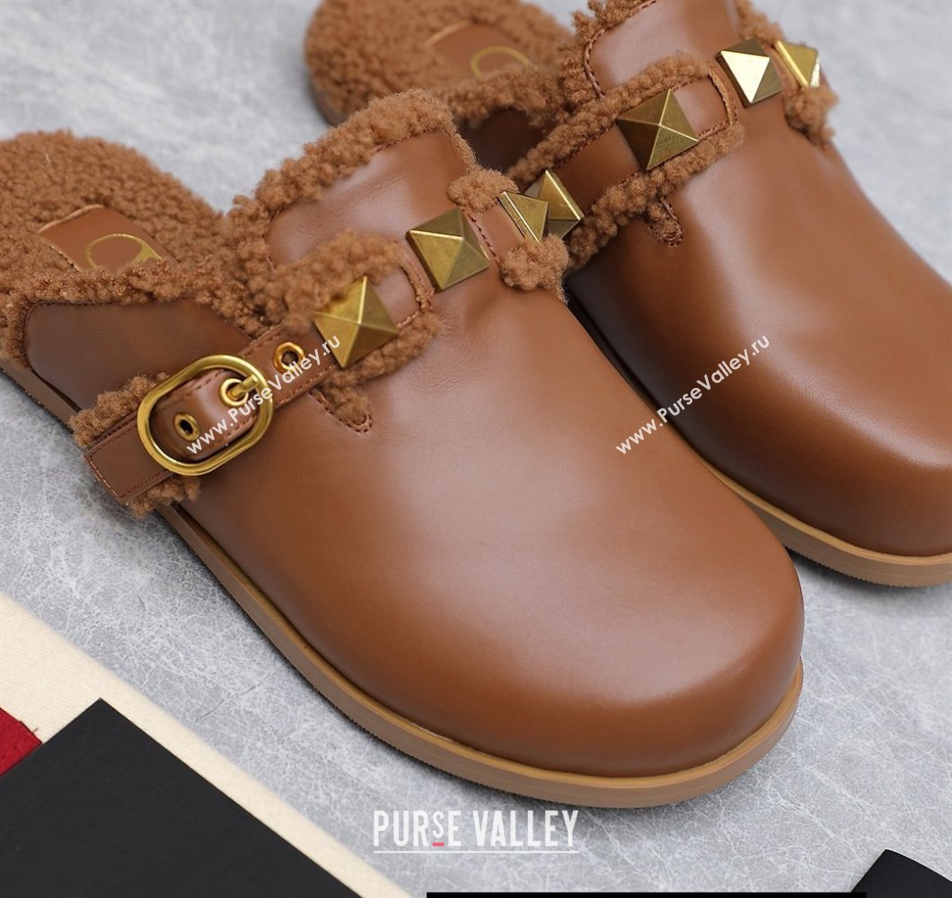 Valentino Shearling Roman Stud Sabots Slip On Mules Leather Brown (hongyang-23101211)