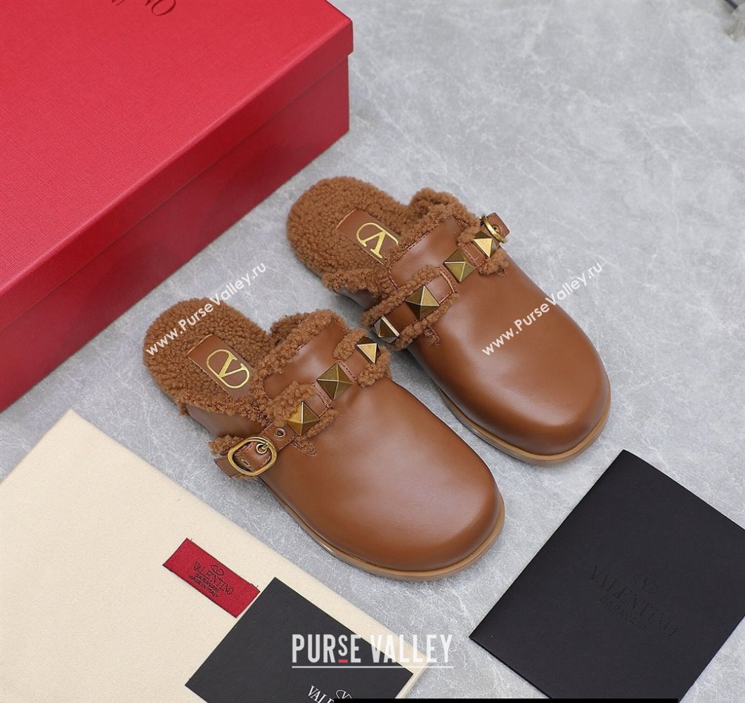 Valentino Shearling Roman Stud Sabots Slip On Mules Leather Brown (hongyang-23101211)