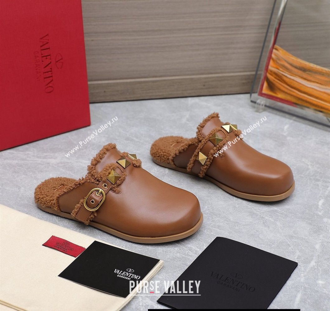 Valentino Shearling Roman Stud Sabots Slip On Mules Leather Brown (hongyang-23101211)
