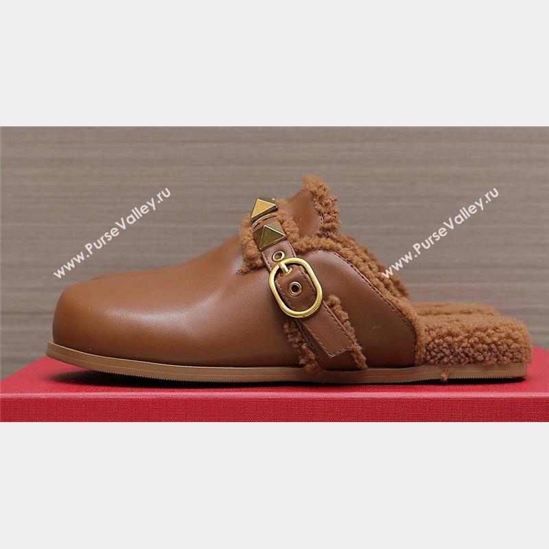 Valentino Shearling Roman Stud Sabots Slip On Mules Leather Brown (hongyang-23101211)