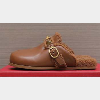 Valentino Shearling Roman Stud Sabots Slip On Mules Leather Brown (hongyang-23101211)