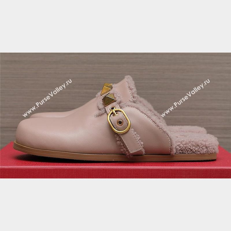 Valentino Shearling Roman Stud Sabots Slip On Mules Leather Nude (hongyang-23101213)