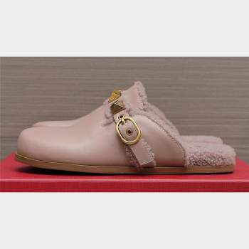 Valentino Shearling Roman Stud Sabots Slip On Mules Leather Nude (hongyang-23101213)