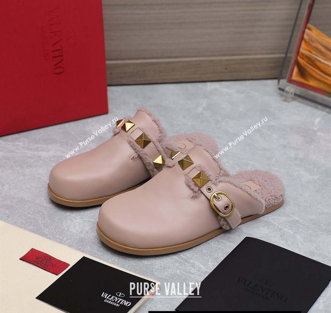Valentino Shearling Roman Stud Sabots Slip On Mules Leather Nude (hongyang-23101213)