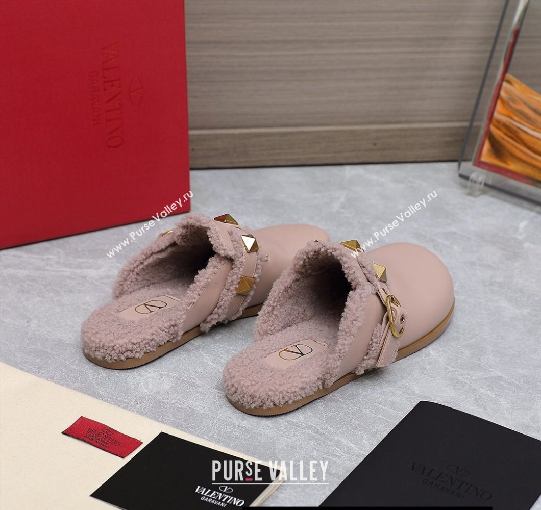 Valentino Shearling Roman Stud Sabots Slip On Mules Leather Nude (hongyang-23101213)