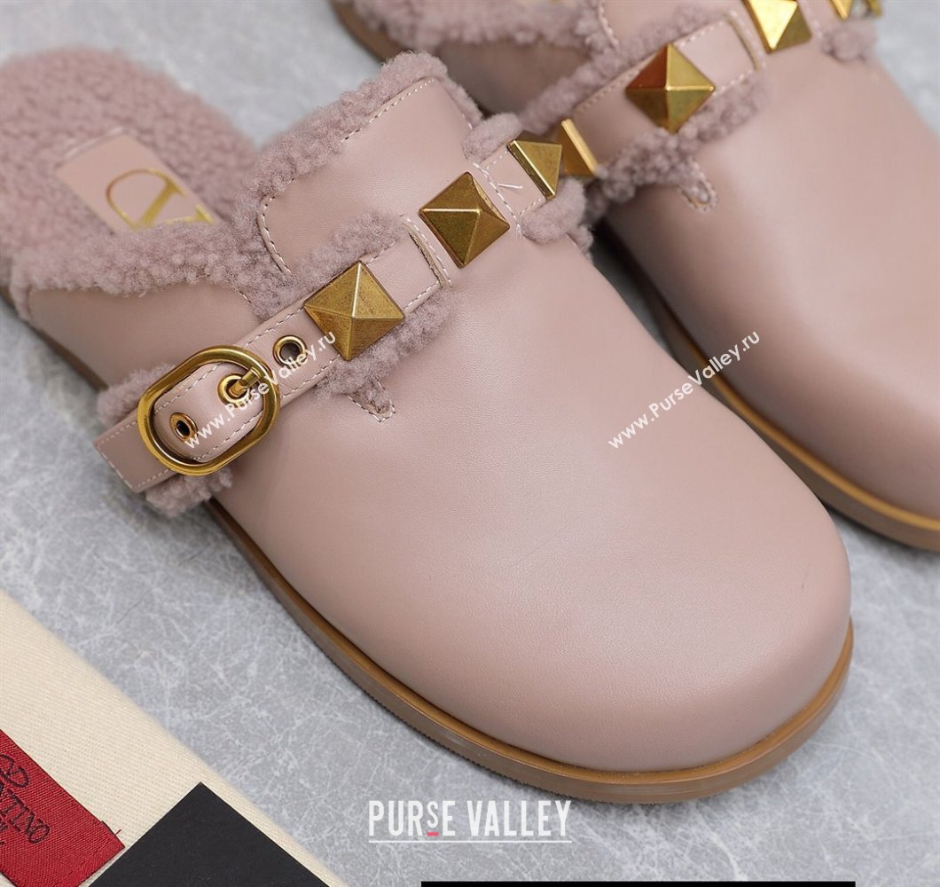 Valentino Shearling Roman Stud Sabots Slip On Mules Leather Nude (hongyang-23101213)