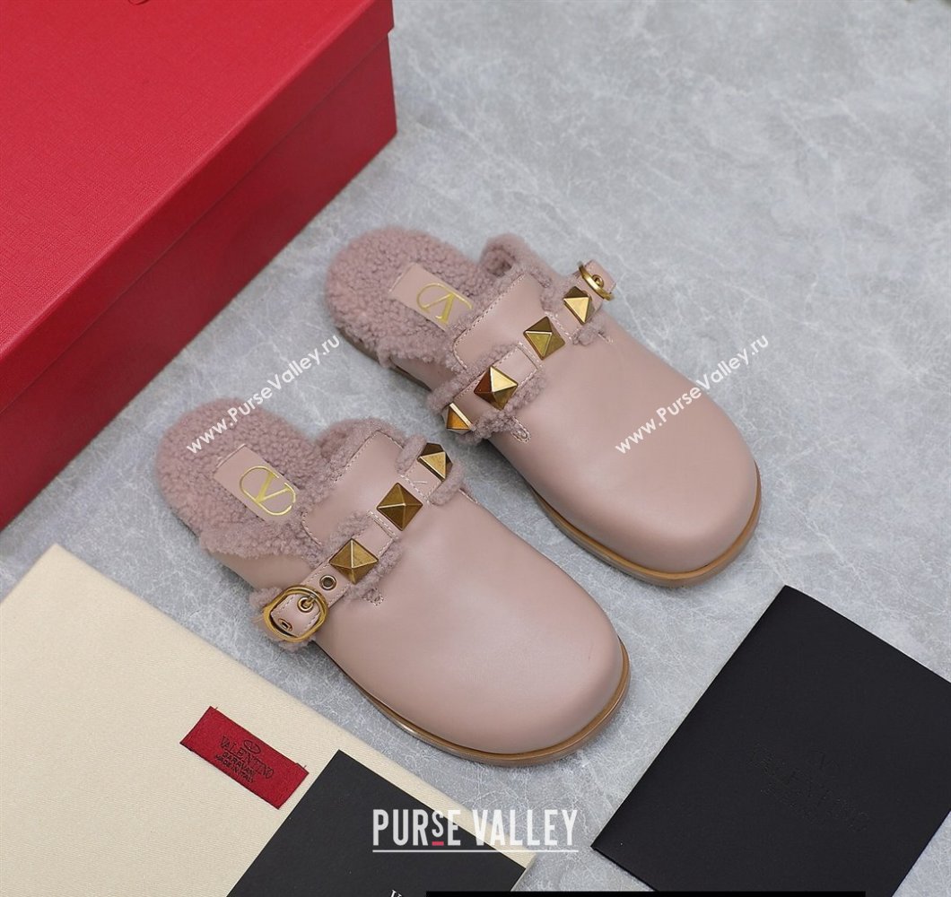 Valentino Shearling Roman Stud Sabots Slip On Mules Leather Nude (hongyang-23101213)