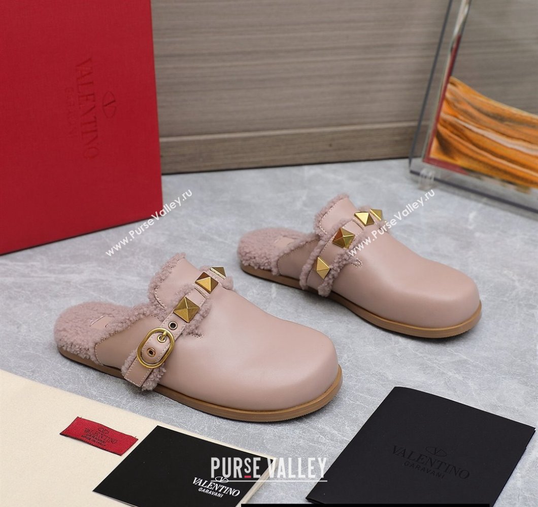 Valentino Shearling Roman Stud Sabots Slip On Mules Leather Nude (hongyang-23101213)