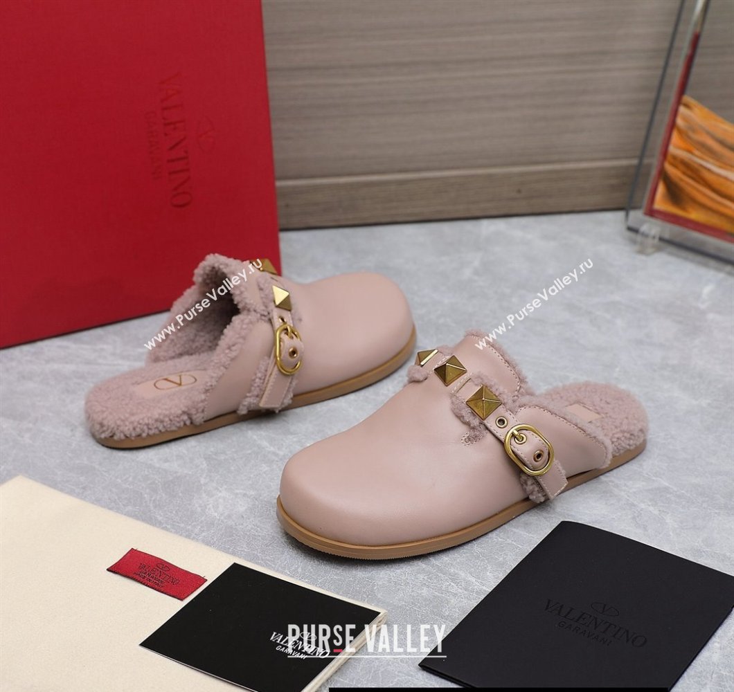 Valentino Shearling Roman Stud Sabots Slip On Mules Leather Nude (hongyang-23101213)