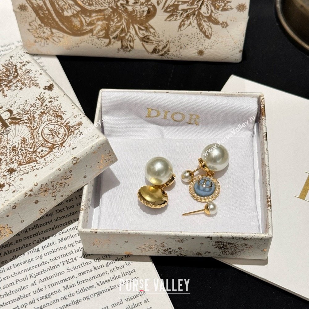 Dior Gold-Finish Metal with White Resin Pearls and Sky Blue Glass Tribales Earrings 2024 (youfang-240413-15)