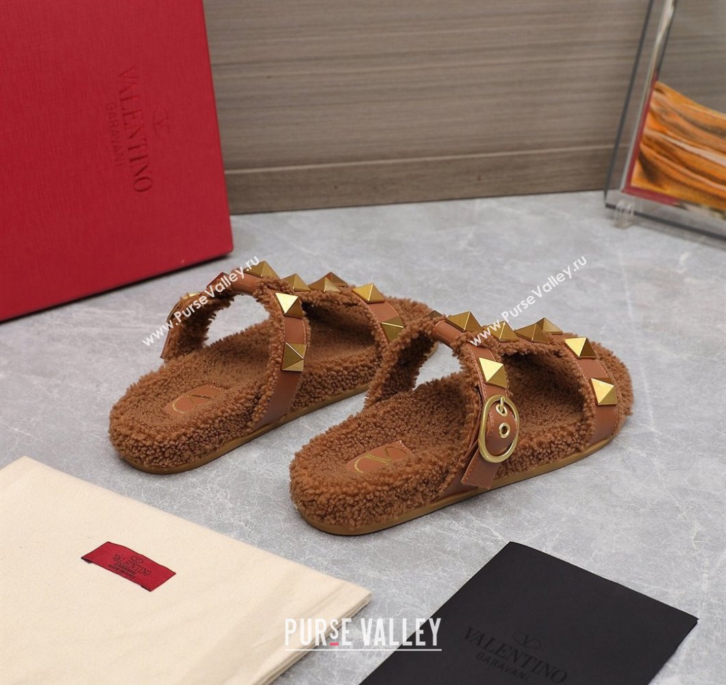 Valentino Shearling Roman Stud Slides Sandals Brown (hongyang-23101203)