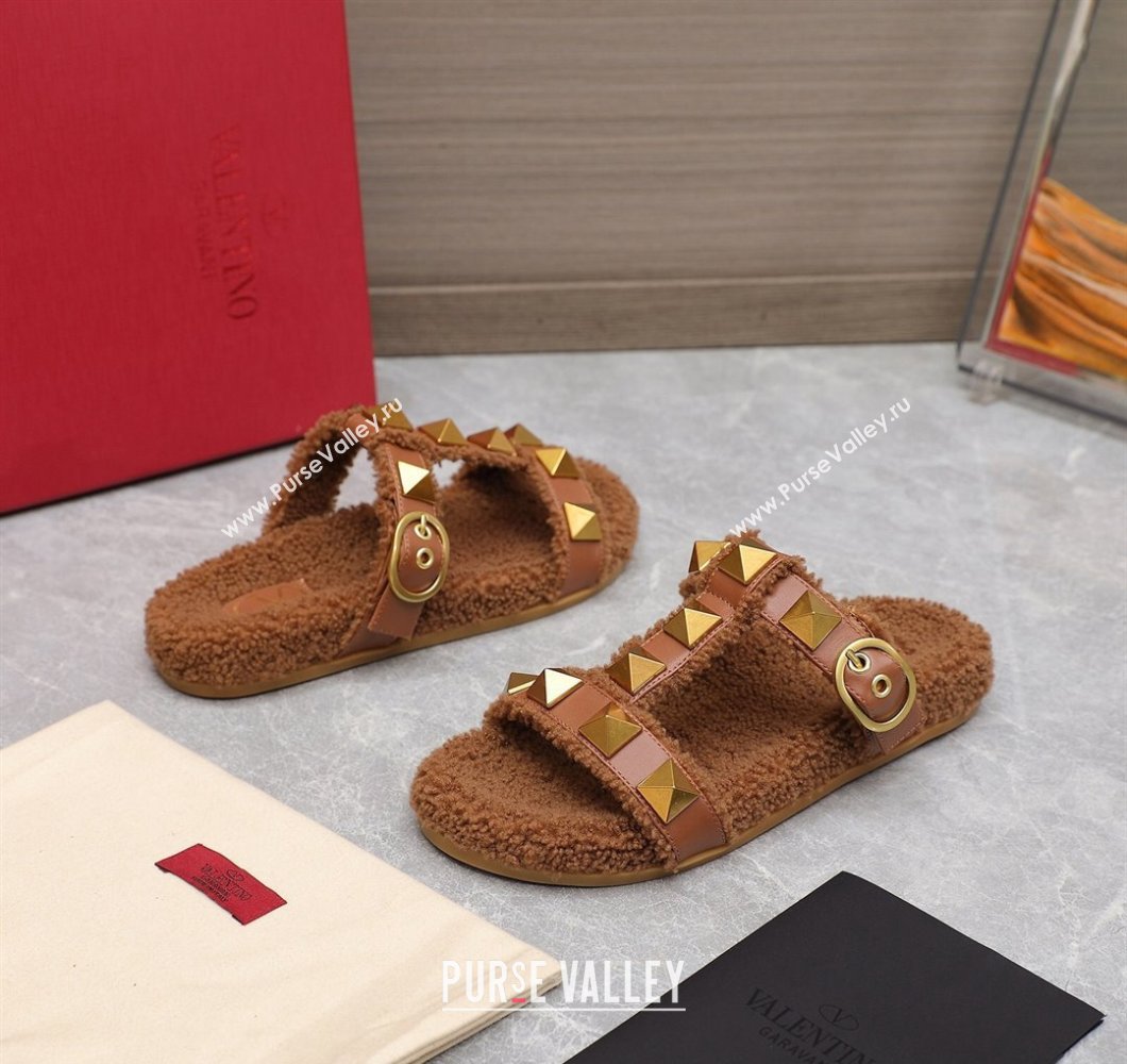 Valentino Shearling Roman Stud Slides Sandals Brown (hongyang-23101203)