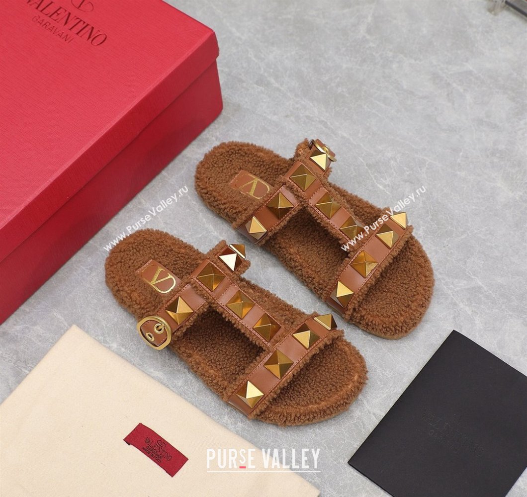 Valentino Shearling Roman Stud Slides Sandals Brown (hongyang-23101203)