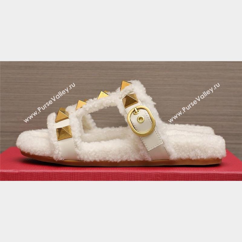 Valentino Shearling Roman Stud Slides Sandals White (hongyang-23101202)