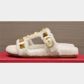Valentino Shearling Roman Stud Slides Sandals White (hongyang-23101202)