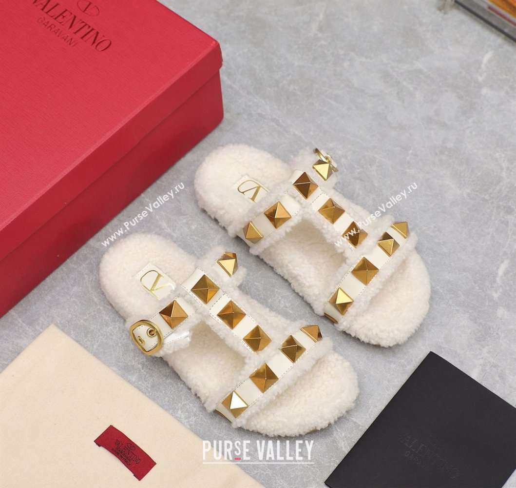 Valentino Shearling Roman Stud Slides Sandals White (hongyang-23101202)