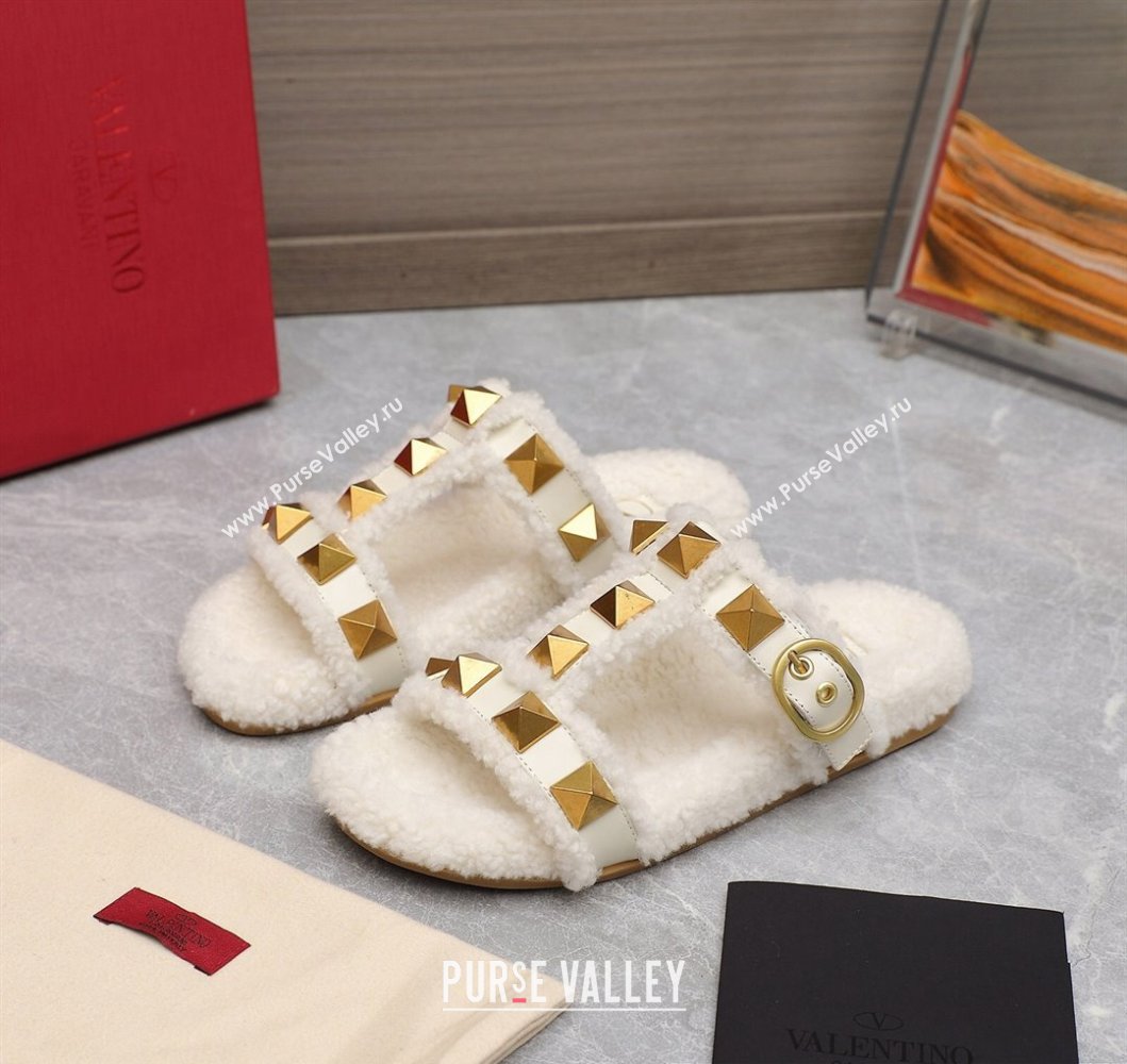 Valentino Shearling Roman Stud Slides Sandals White (hongyang-23101202)