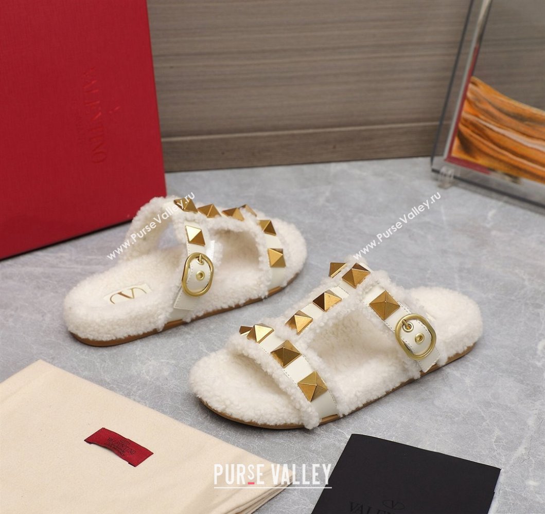 Valentino Shearling Roman Stud Slides Sandals White (hongyang-23101202)