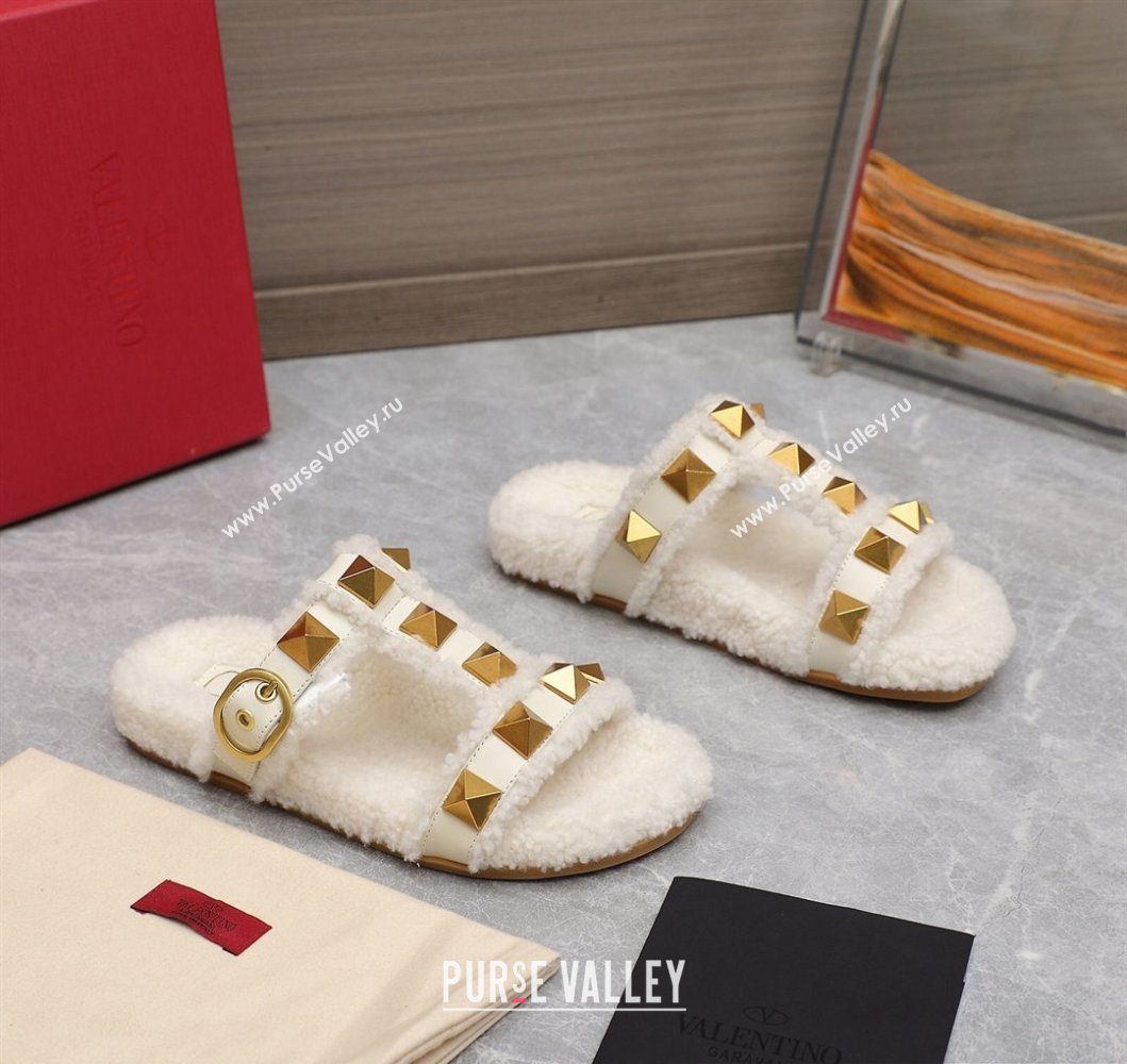 Valentino Shearling Roman Stud Slides Sandals White (hongyang-23101202)