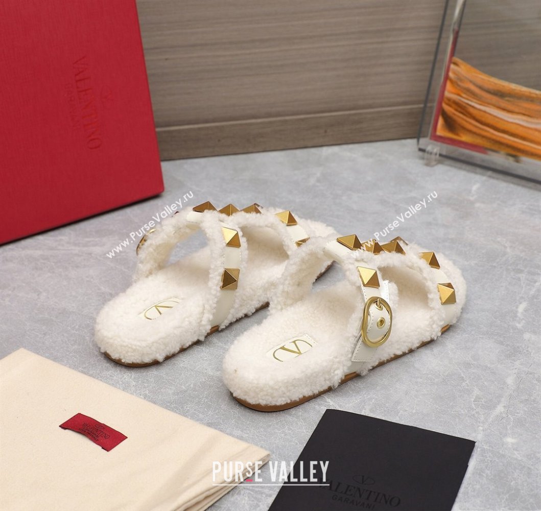 Valentino Shearling Roman Stud Slides Sandals White (hongyang-23101202)