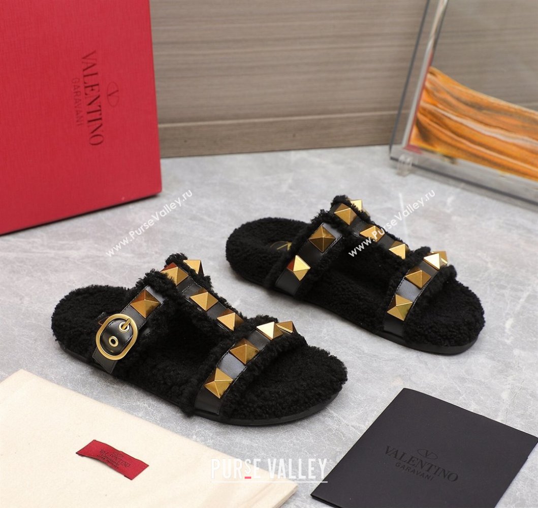 Valentino Shearling Roman Stud Slides Sandals Black (hongyang-23101201)