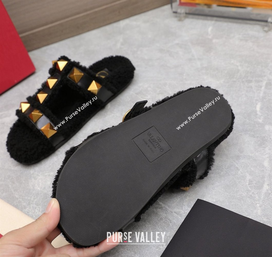 Valentino Shearling Roman Stud Slides Sandals Black (hongyang-23101201)