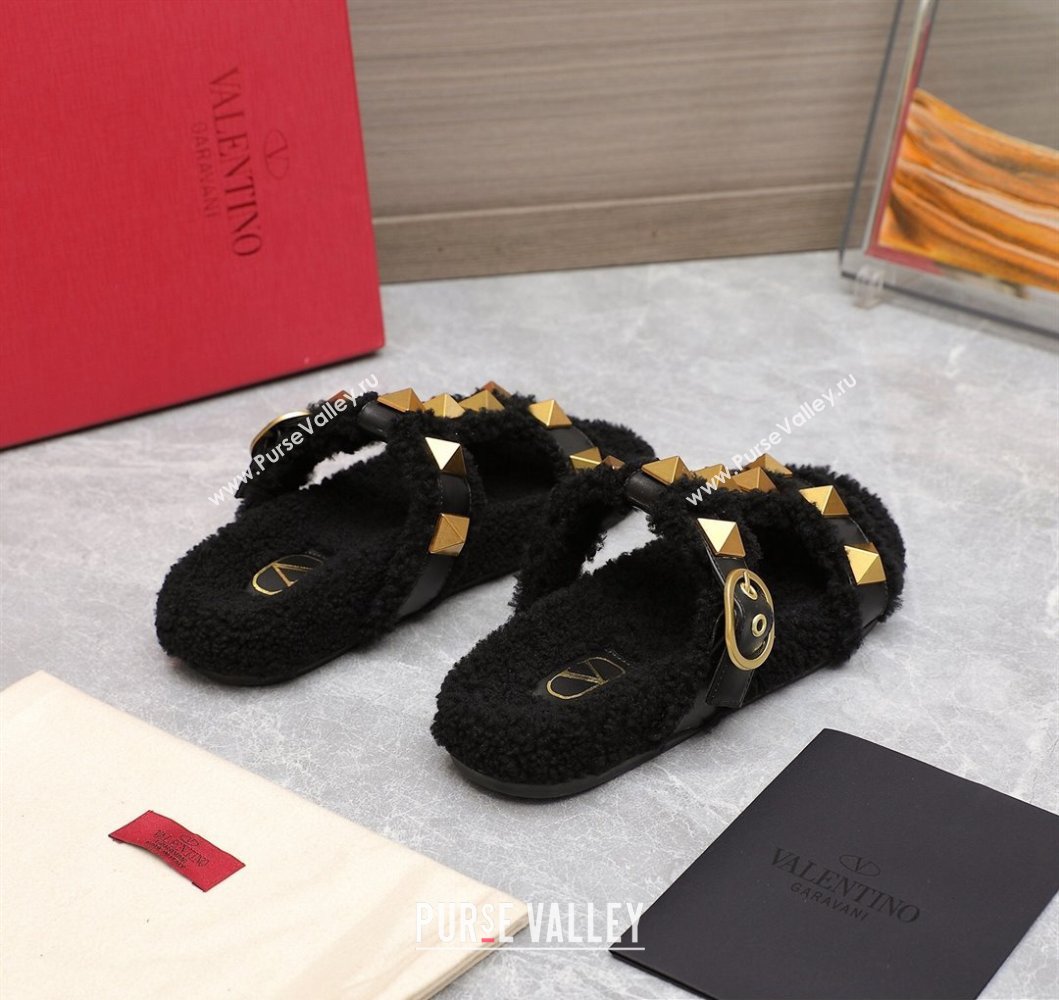 Valentino Shearling Roman Stud Slides Sandals Black (hongyang-23101201)