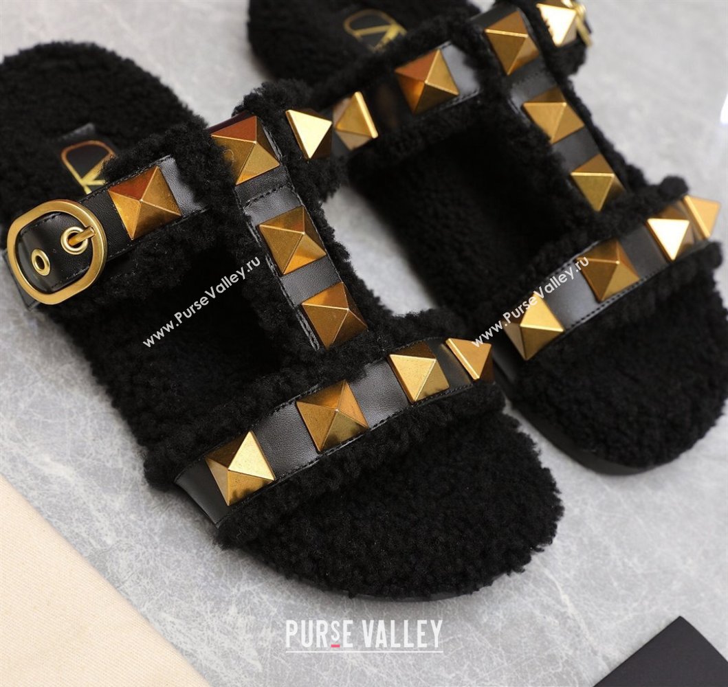Valentino Shearling Roman Stud Slides Sandals Black (hongyang-23101201)