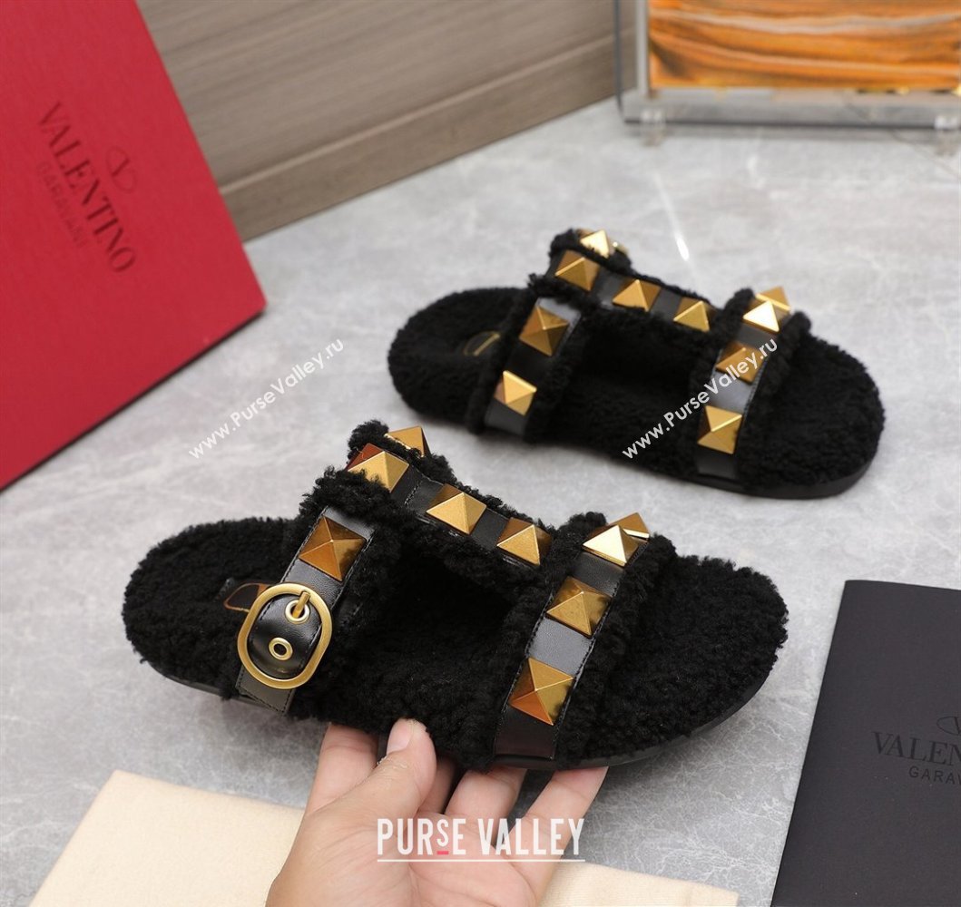 Valentino Shearling Roman Stud Slides Sandals Black (hongyang-23101201)