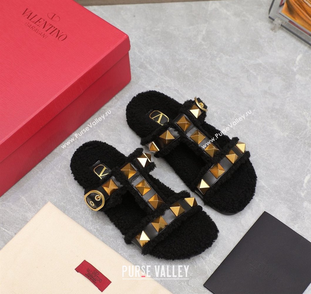 Valentino Shearling Roman Stud Slides Sandals Black (hongyang-23101201)